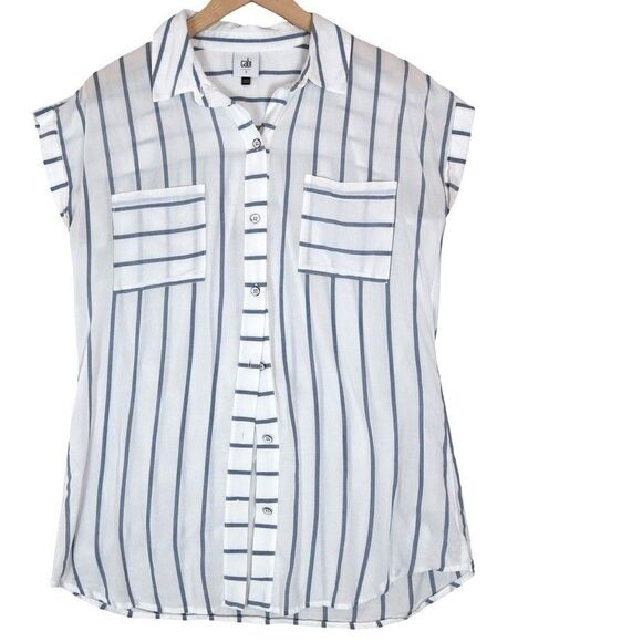 Cabi Striped Cap Sleeve Button Down Shirt Size S Coastal Minimalist - Picture 1 of 7